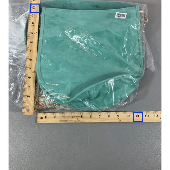 ahdorned Aqua U-Shaped Messenger Bag with Dual Straps and Bonus Pouch, Faux Leat - Picture 8 of 10